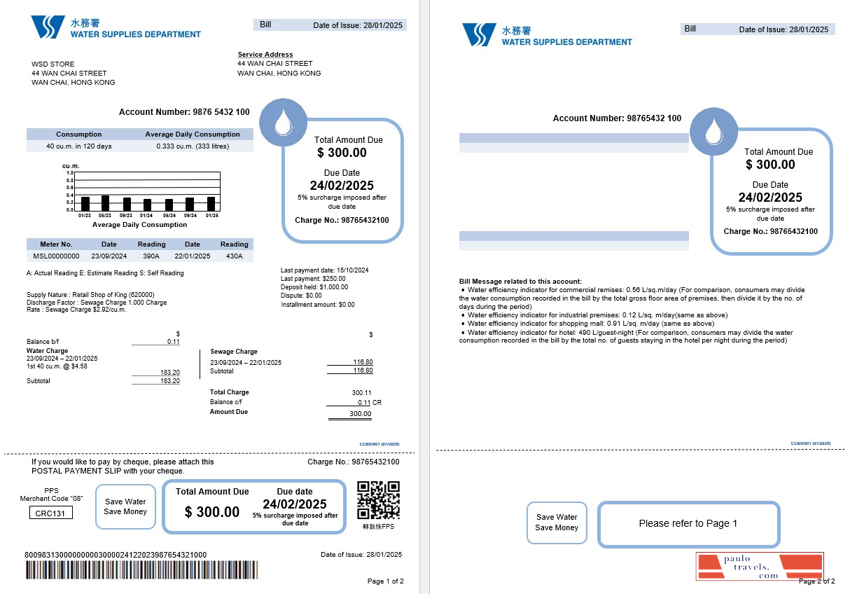 Hong Kong Water Supplies Department utility bill editable template